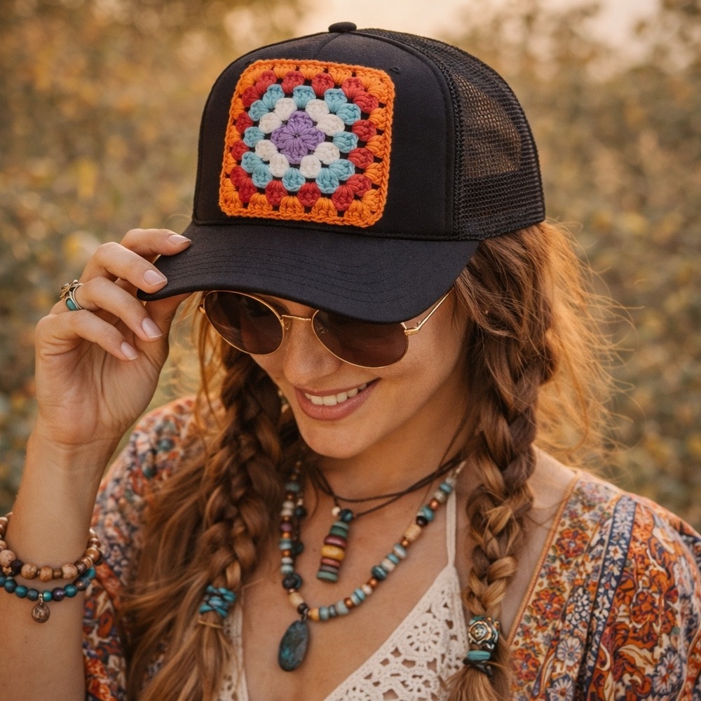 “DIY” Trucker Hat OTTO Black SnapBack Cap Crochet Granny Patch Hippie Festival